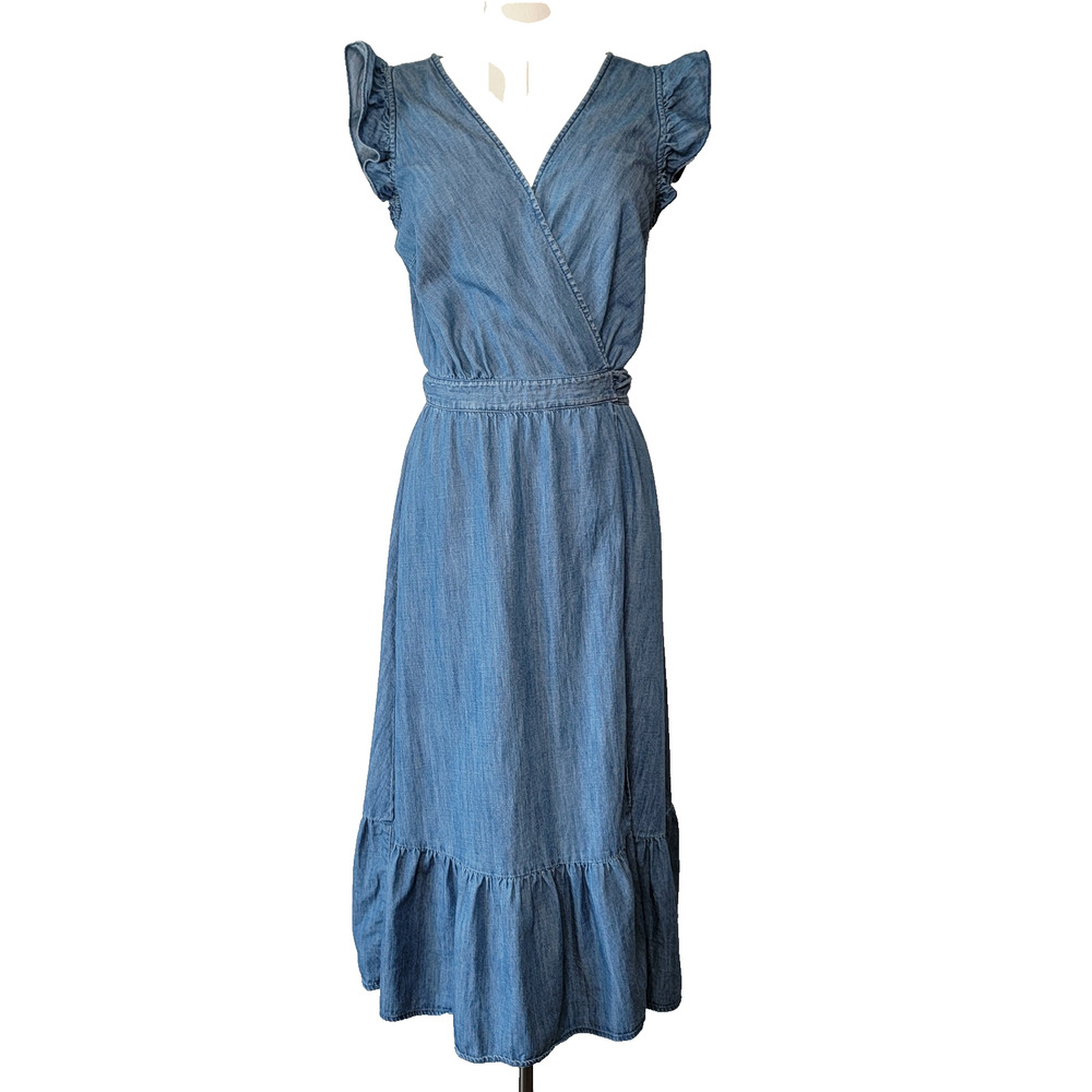 J Crew Chambray Wrap Midi Dress Flutter Sleeve Blue Western Cottage Country Sz 4